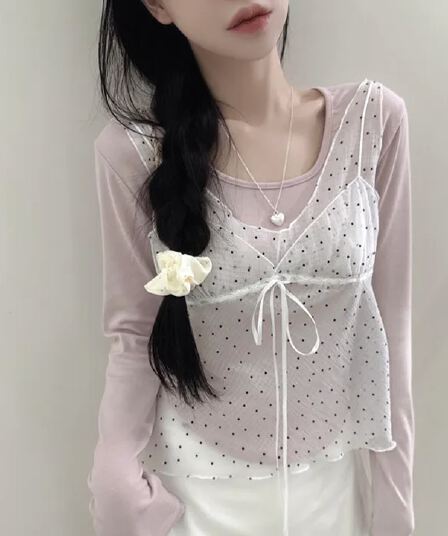 있음 밖으로 동대문 패션 패치워크 디자인 섹션 도트 무늬 망사 스트랩 조끼