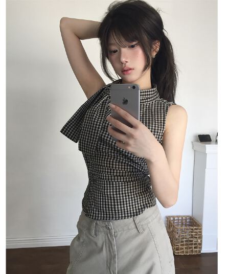 재고 있음 chic 한국 스타일 불규칙 레이스업 체크무늬 조끼