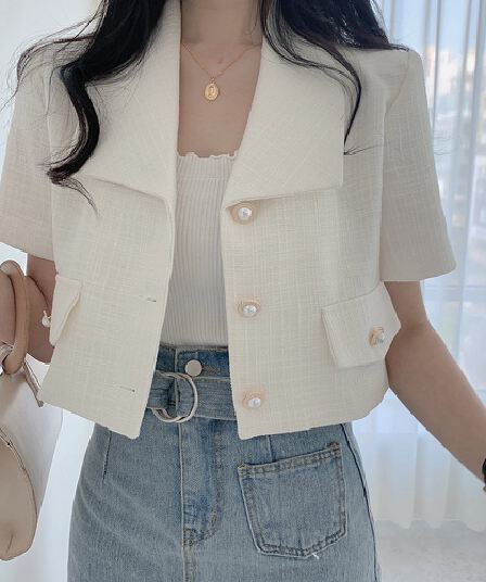 재고 있음 chic 외국 가스 패션 익스트림 제인 바람 클래식 단추 폴로 칼라 반팔 블레이저 맨위 여성