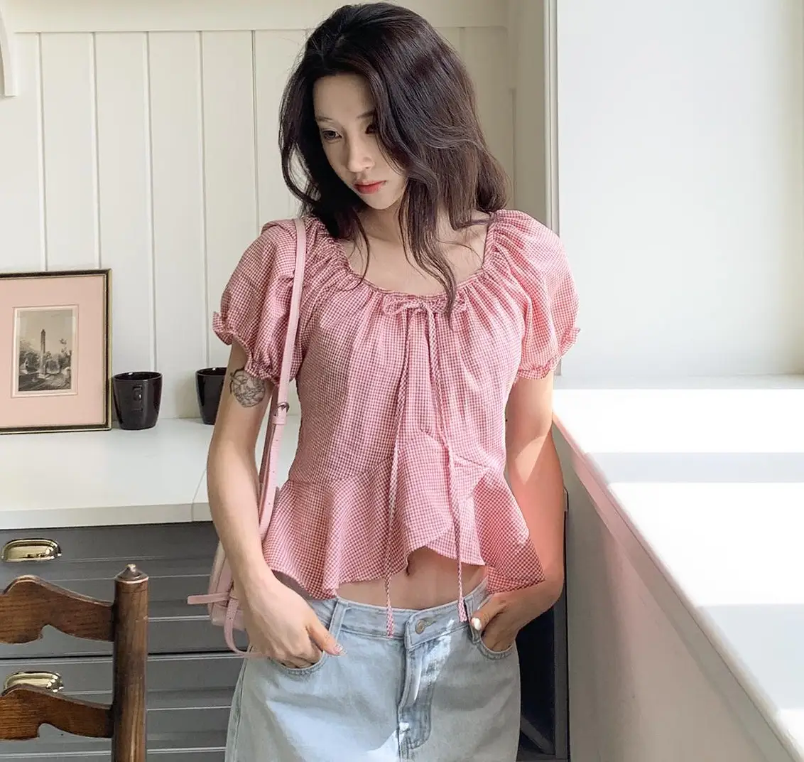 오프숄더 퍼프소매 체크 러플 반소매 셔츠 상세 이미지 6