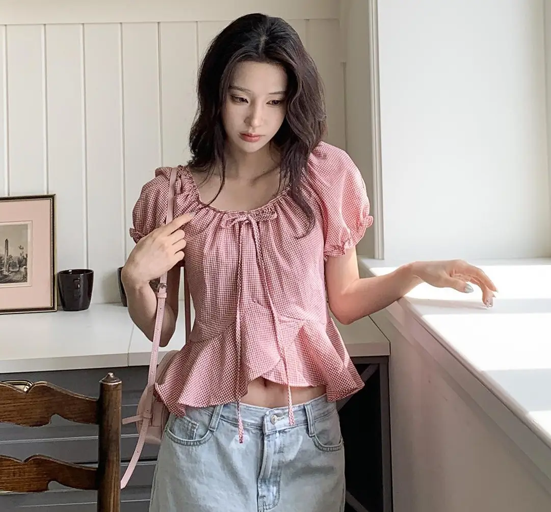 오프숄더 퍼프소매 체크 러플 반소매 셔츠 상세 이미지 8