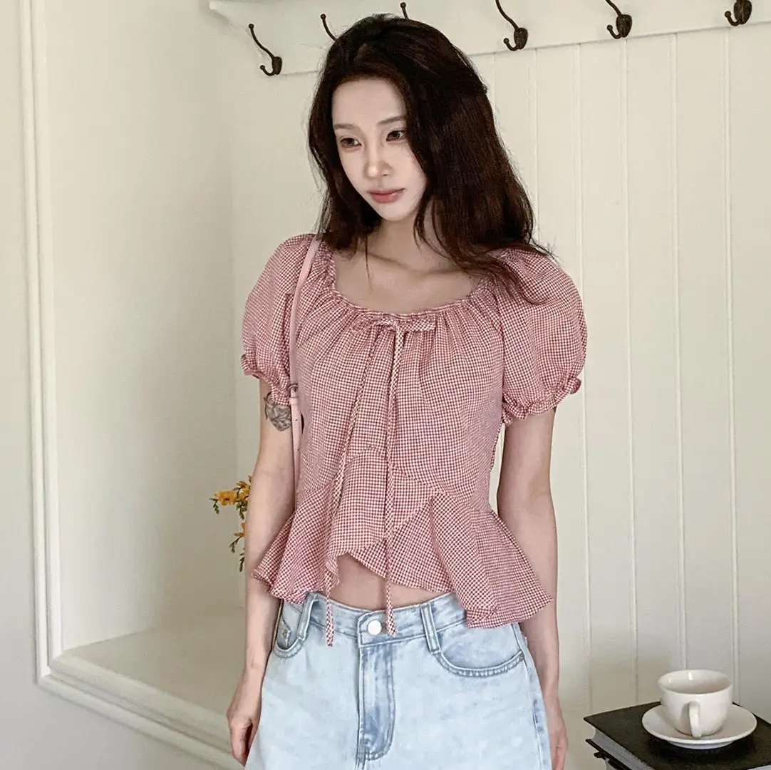 오프숄더 퍼프소매 체크 러플 반소매 셔츠 상세 이미지 15