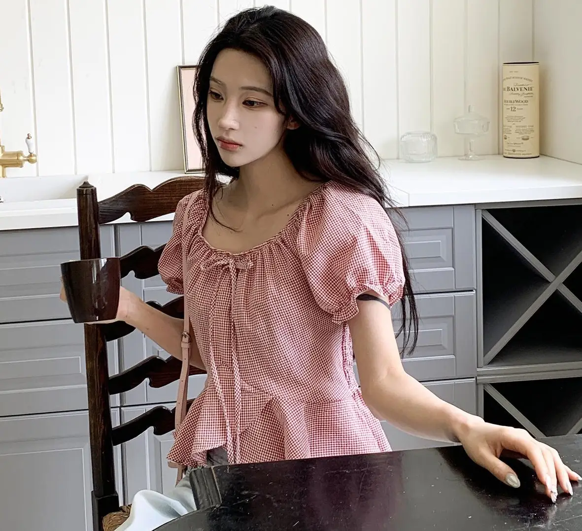 오프숄더 퍼프소매 체크 러플 반소매 셔츠 상세 이미지 18