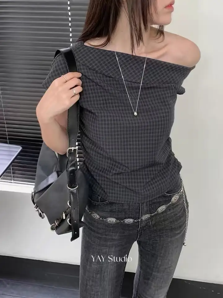 여름 비대칭 원숄더 체크 셔츠 상세 이미지 13