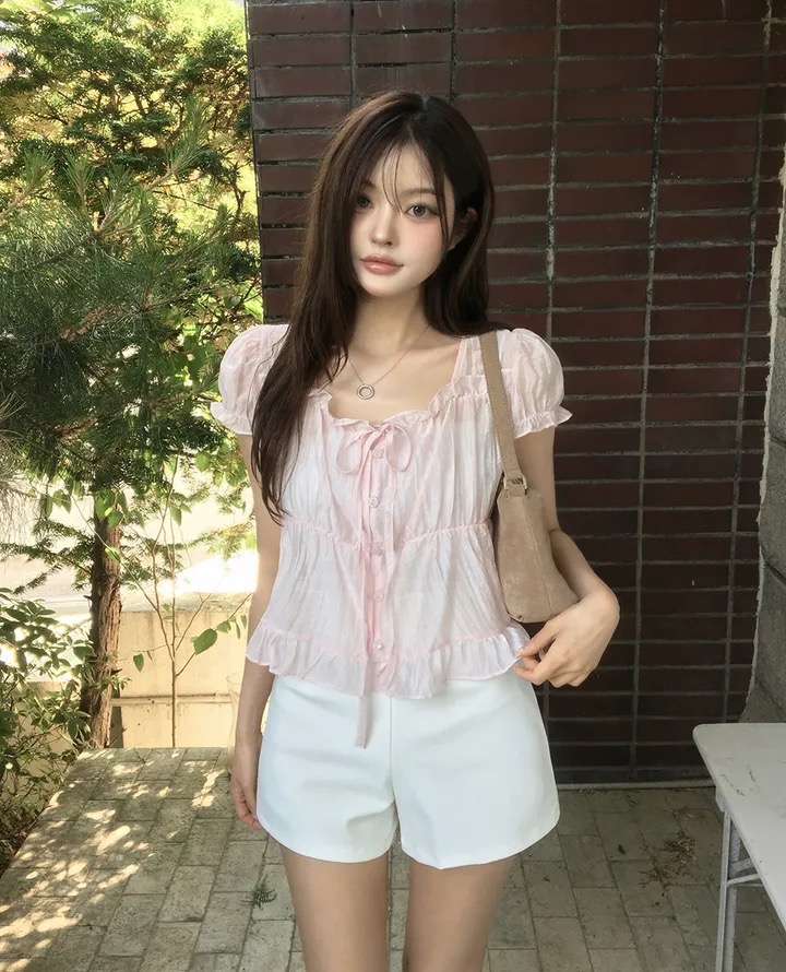 재고 있음 chic 한 부서 여름 프랑스식 달콤함 연령 감소 부드러운 프릴 주름 장식 허리 수축 반팔 쉬폰 셔츠