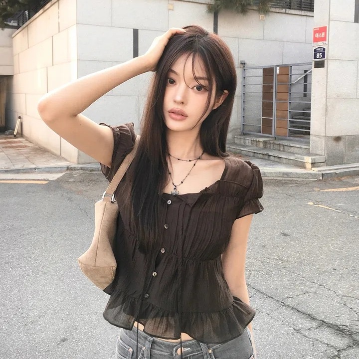 재고 있음 chic 한 부서 여름 프랑스식 달콤함 연령 감소 부드러운 프릴 주름 장식 허리 수축 반팔 쉬폰 셔츠