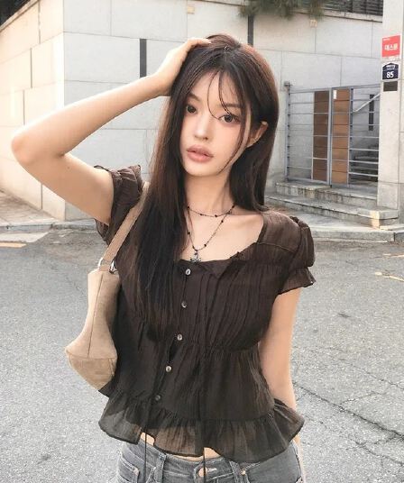 재고 있음 chic 한 부서 여름 프랑스식 달콤함 연령 감소 부드러운 프릴 주름 장식 허리 수축 반팔 쉬폰 셔츠