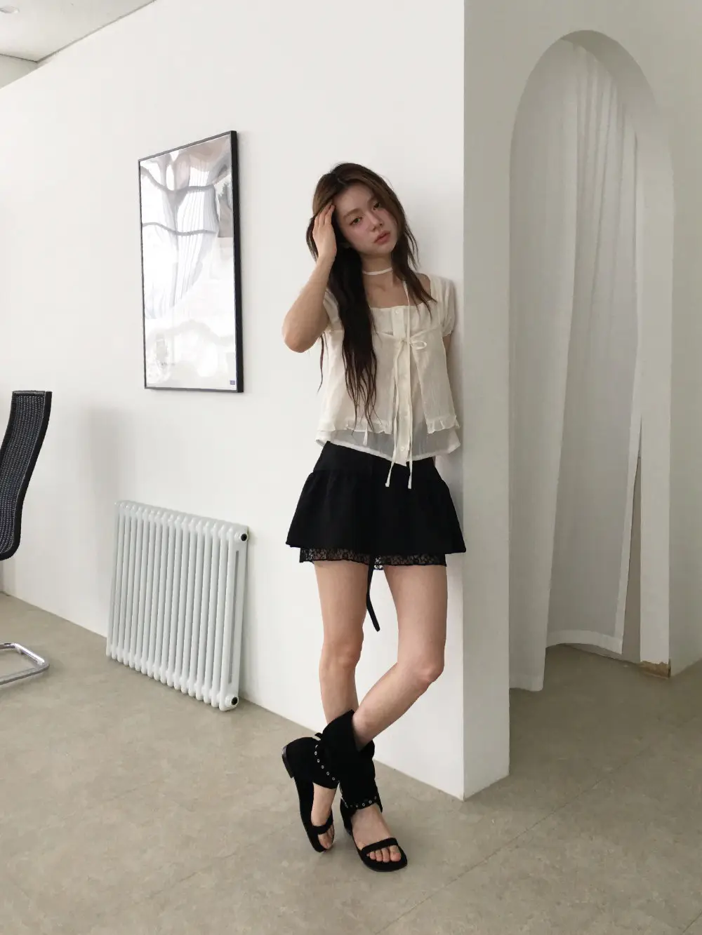끈 디테일 레이어드 루즈 반소매 블라우스 상세 이미지 6