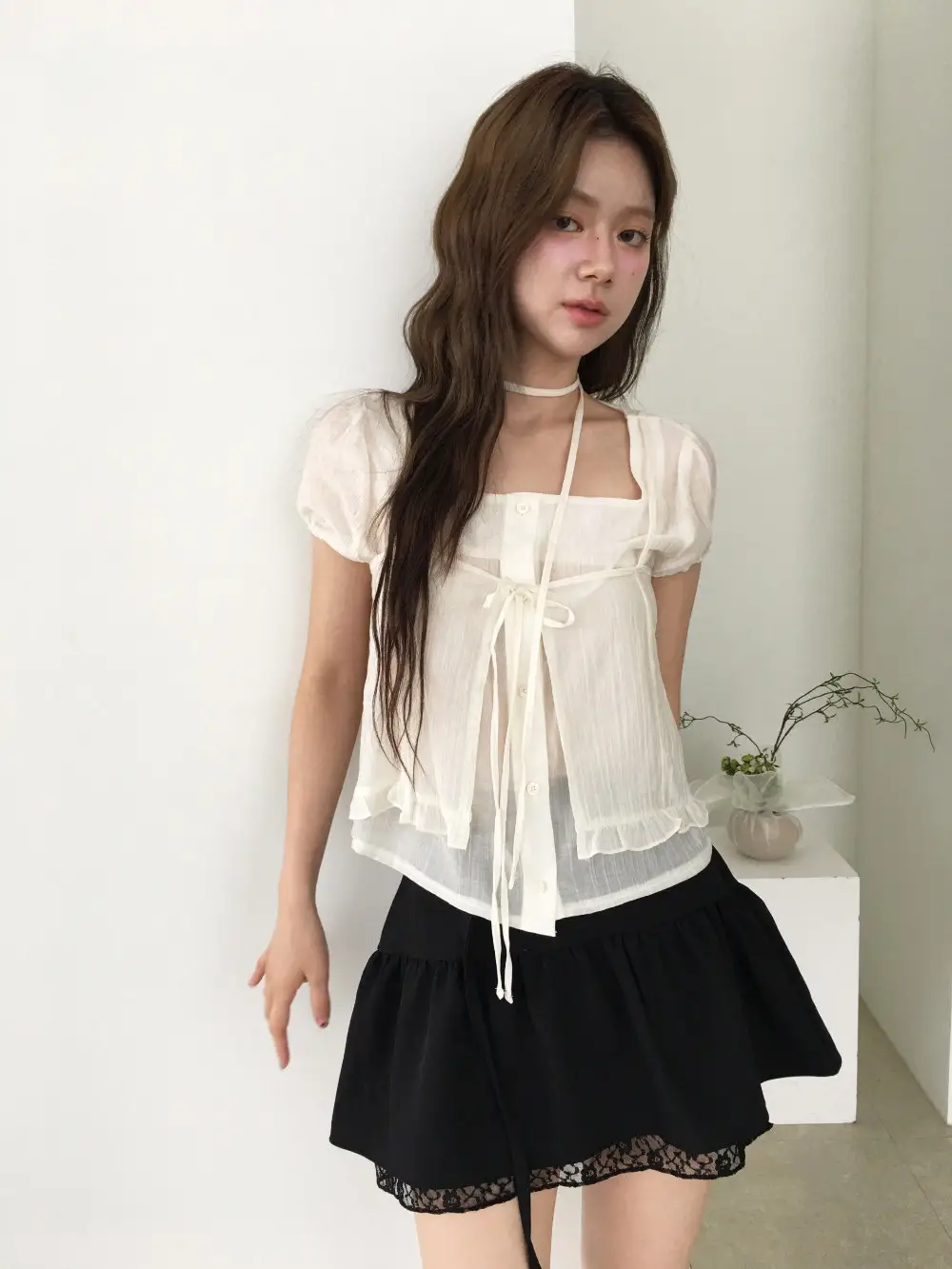 끈 디테일 레이어드 루즈 반소매 블라우스 상세 이미지 8