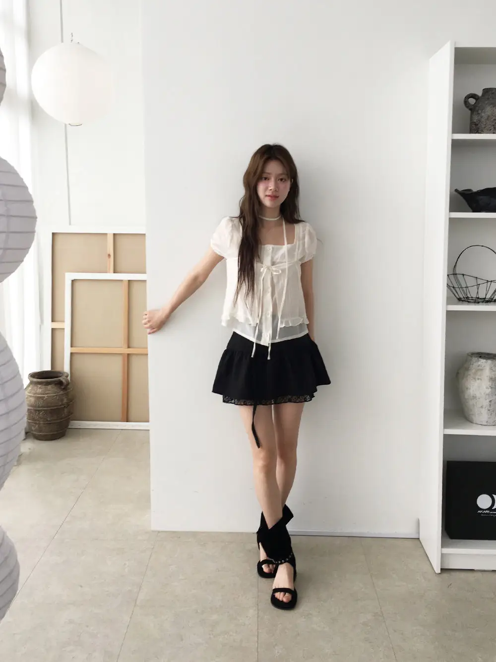 끈 디테일 레이어드 루즈 반소매 블라우스 상세 이미지 9