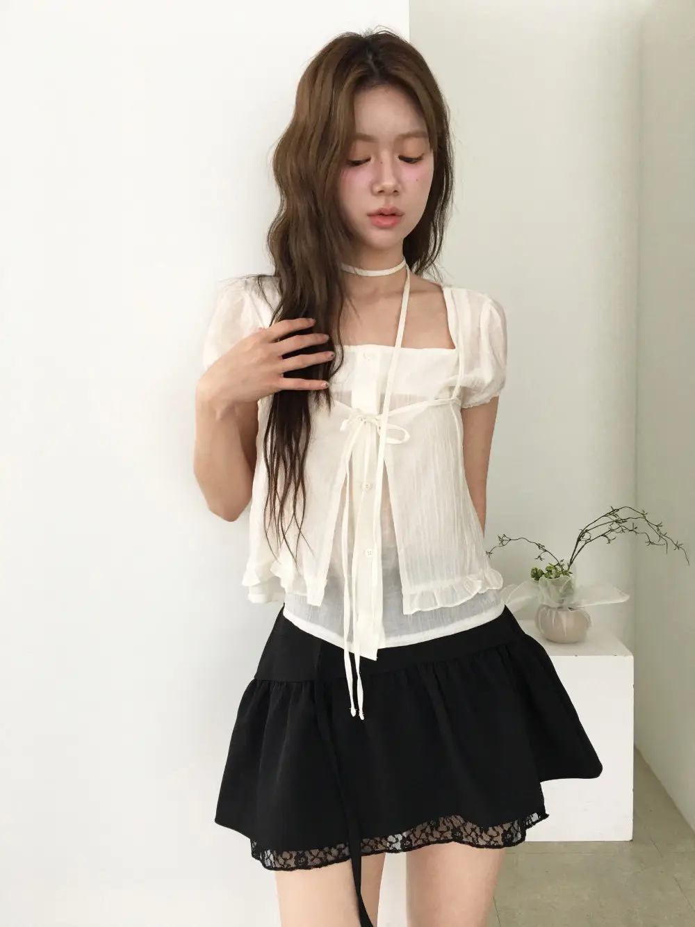 끈 디테일 레이어드 루즈 반소매 블라우스 상세 이미지 12