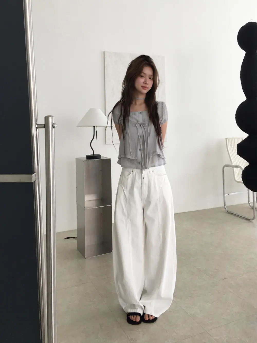 끈 디테일 레이어드 루즈 반소매 블라우스 상세 이미지 21