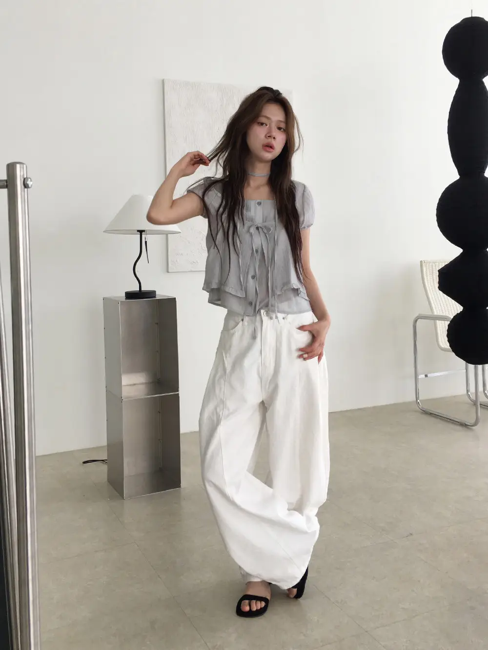 끈 디테일 레이어드 루즈 반소매 블라우스 상세 이미지 23