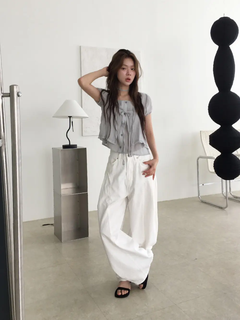 끈 디테일 레이어드 루즈 반소매 블라우스 상세 이미지 24