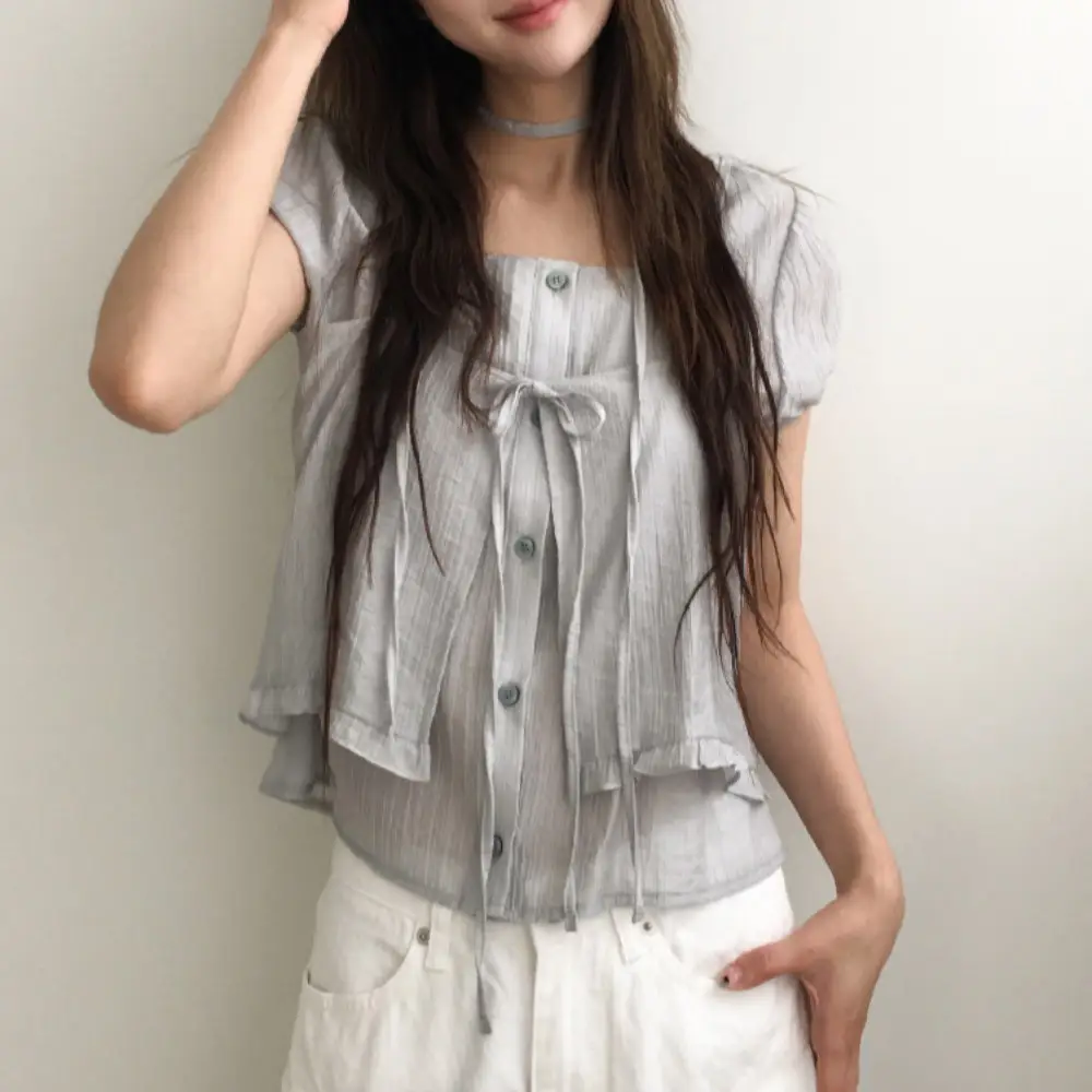 끈 디테일 레이어드 루즈 반소매 블라우스 상세 이미지 27
