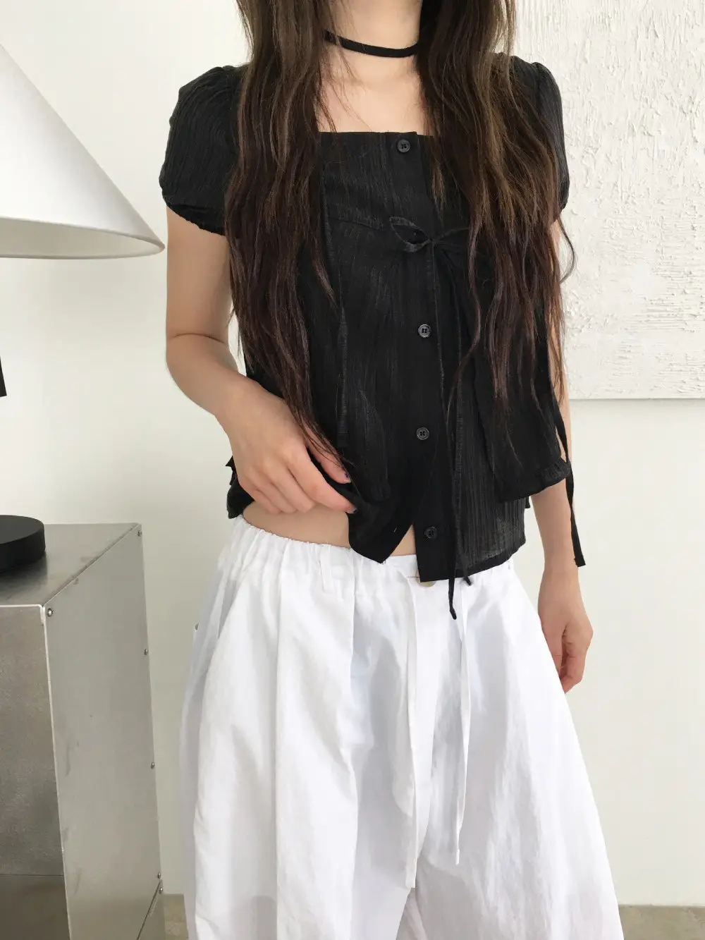 끈 디테일 레이어드 루즈 반소매 블라우스 상세 이미지 28
