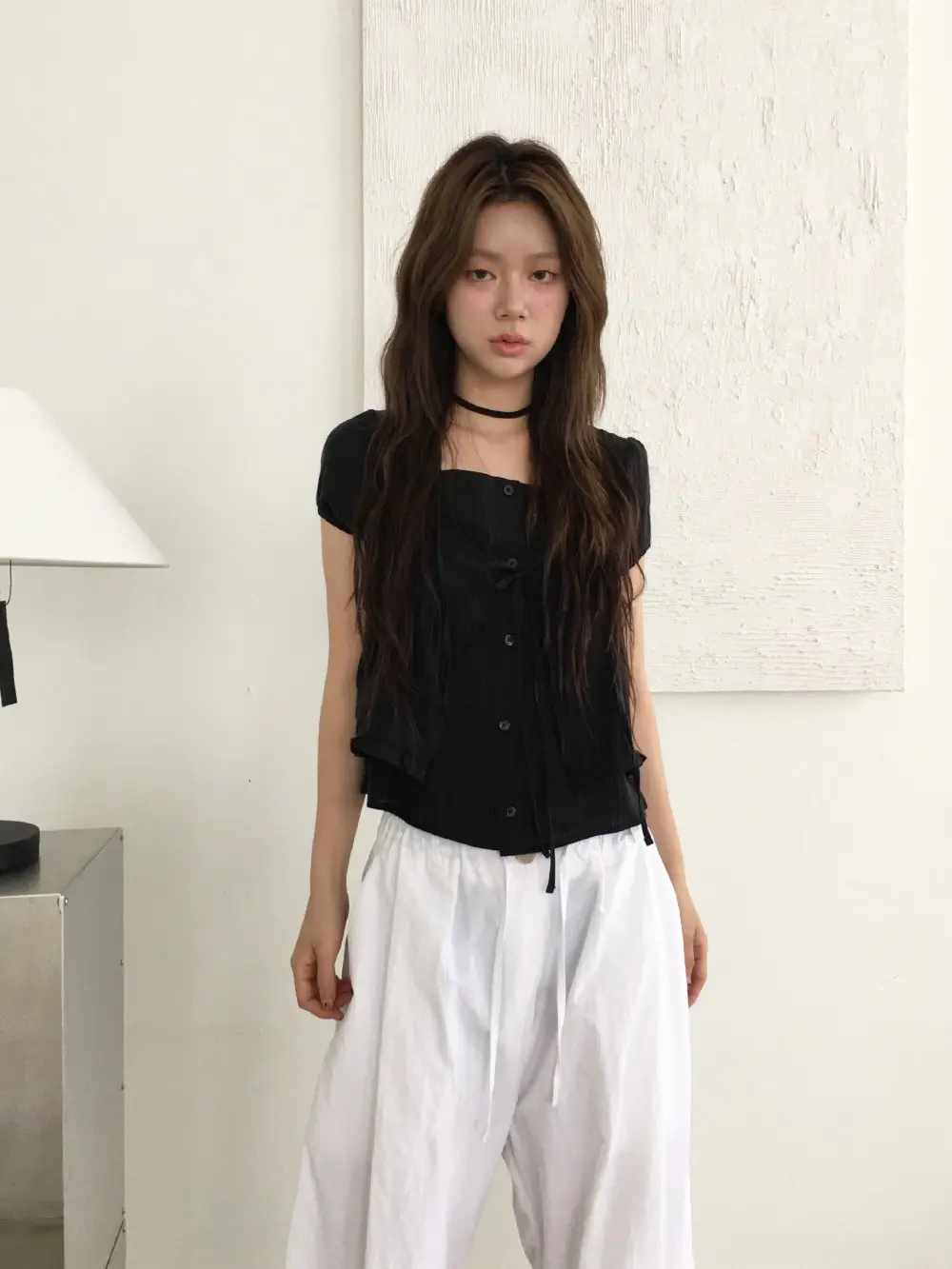 끈 디테일 레이어드 루즈 반소매 블라우스 상세 이미지 33
