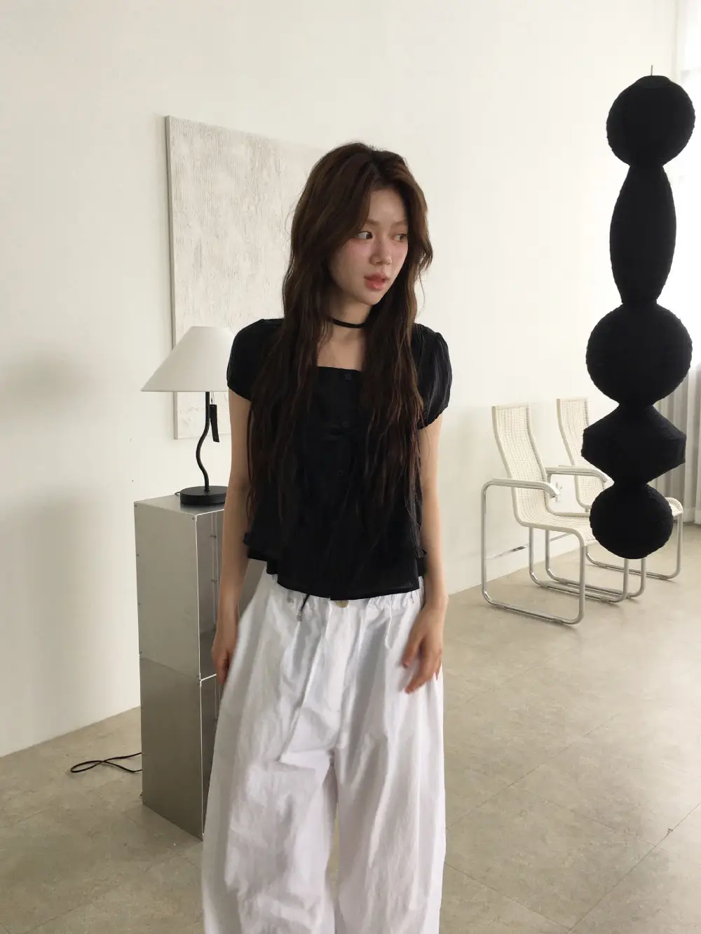 끈 디테일 레이어드 루즈 반소매 블라우스 상세 이미지 35