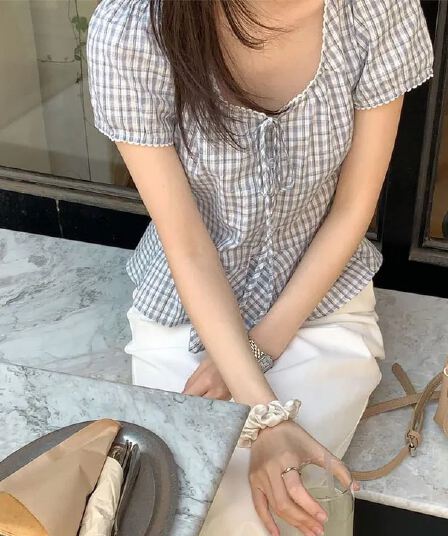 재고 있음 chic 달콤함 체크무늬 레이스업 반팔 광장 칼라 셔츠