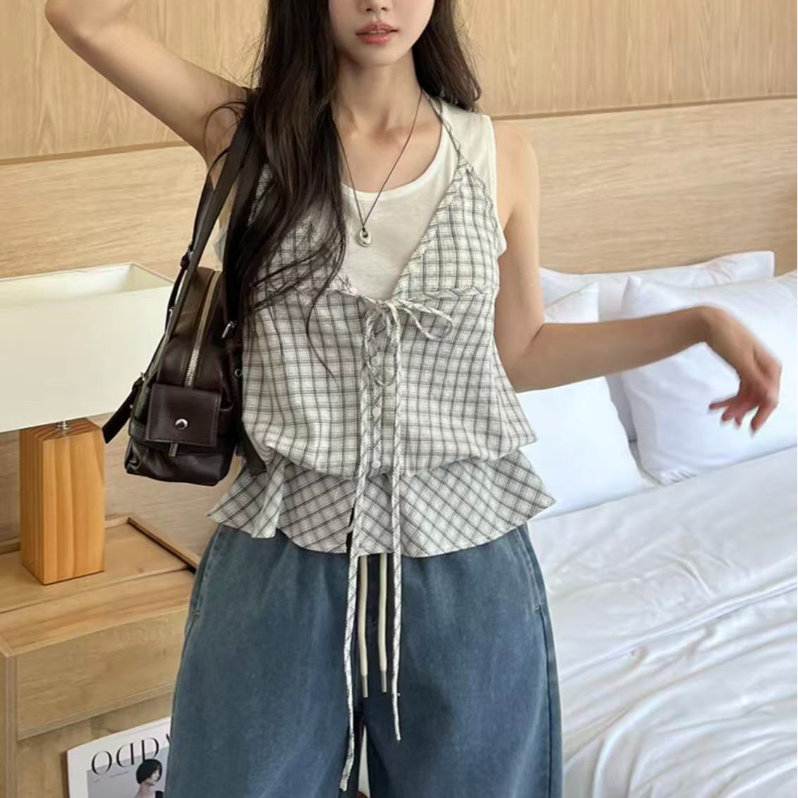 재고 있음 한국 스타일 배색 체크무늬 패치워크 페이크 레이어드 행침 목 스트랩 조끼 여성