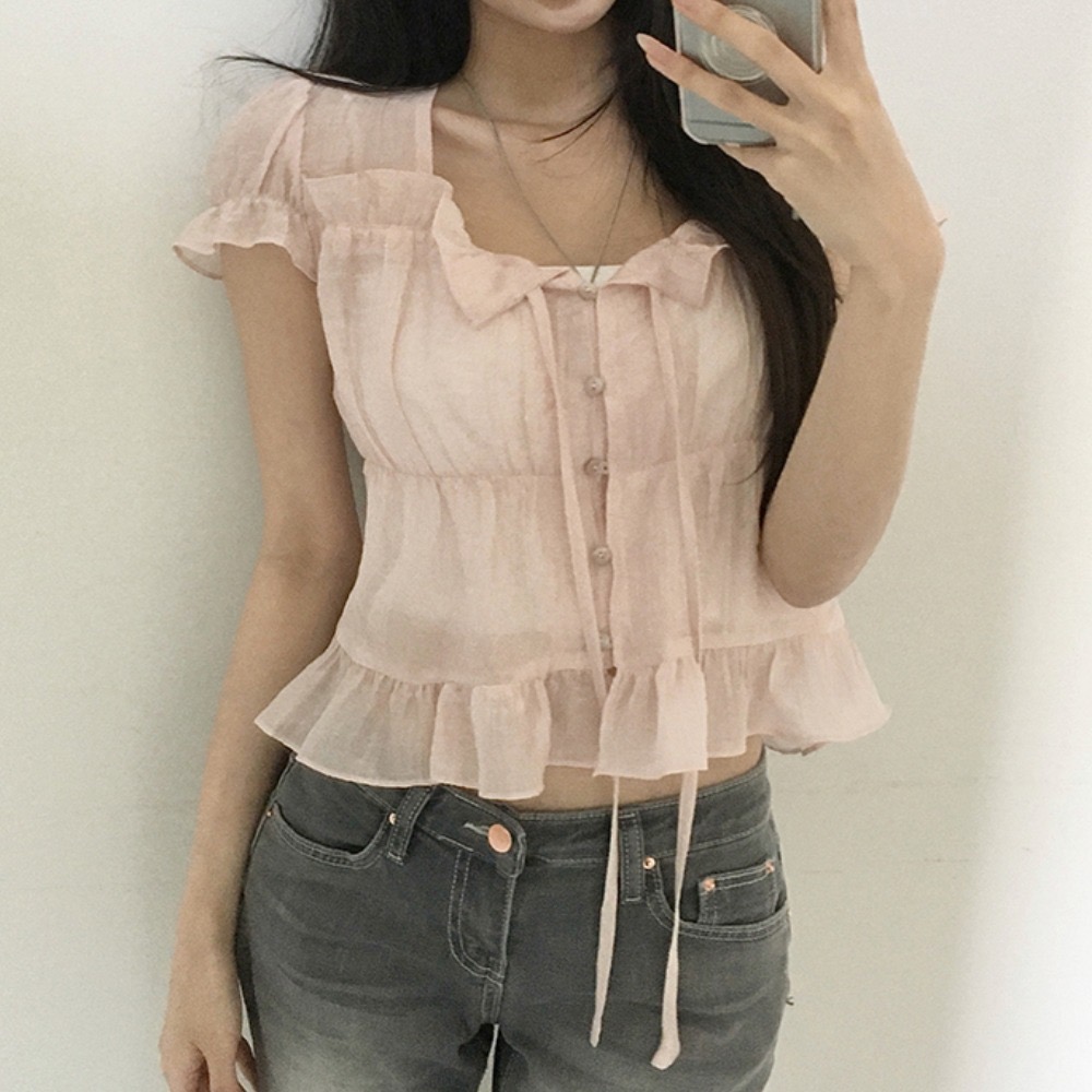 재고 있음 chic 한 부서 여름 프랑스식 달콤함 연령 감소 부드러운 프릴 주름 장식 허리 수축 반팔 쉬폰 셔츠