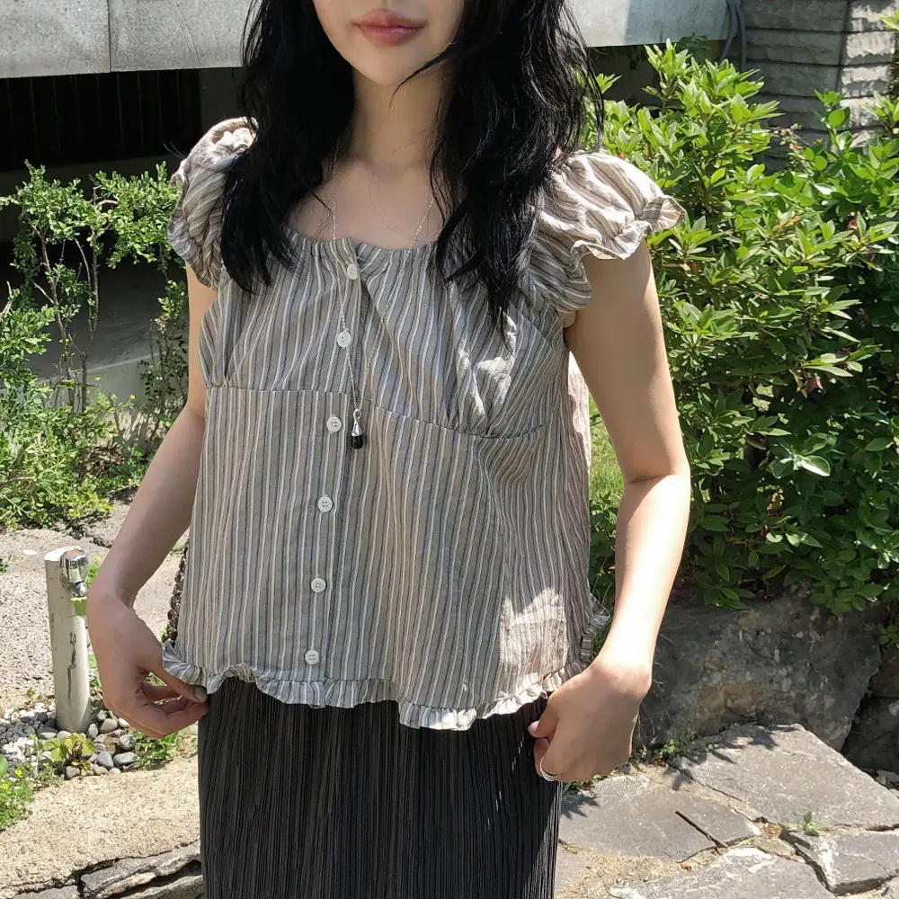 빈티지 스트라이프 오프숄더 러플 퍼프소매 셔츠 상세 이미지 2