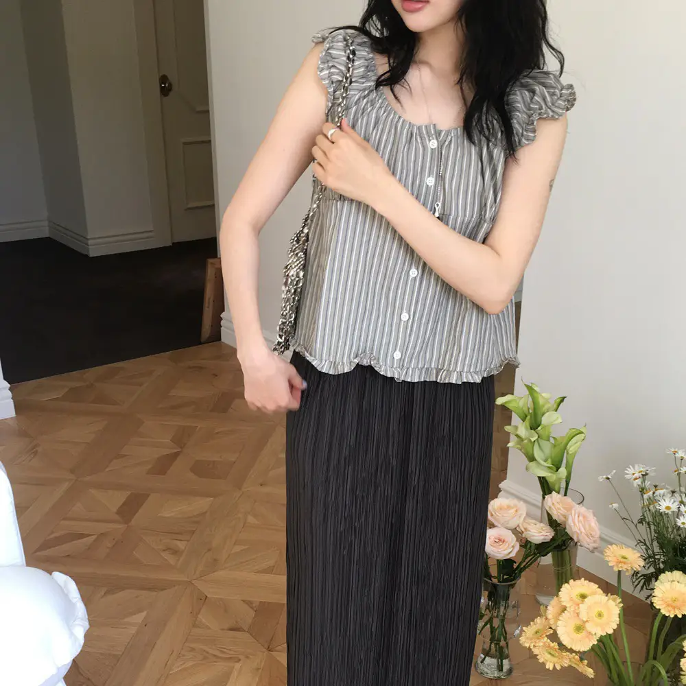 빈티지 스트라이프 오프숄더 러플 퍼프소매 셔츠 상세 이미지 4