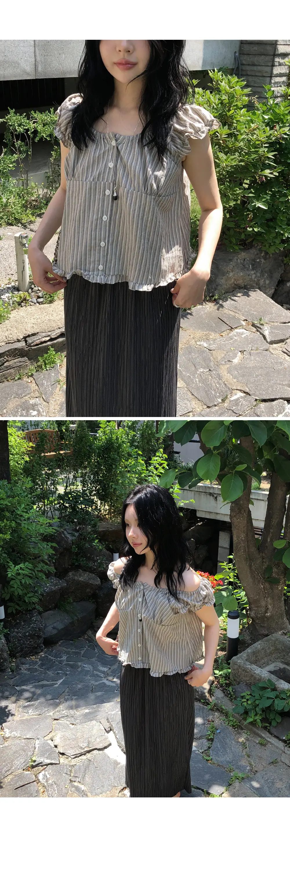 빈티지 스트라이프 오프숄더 러플 퍼프소매 셔츠 상세 이미지 7