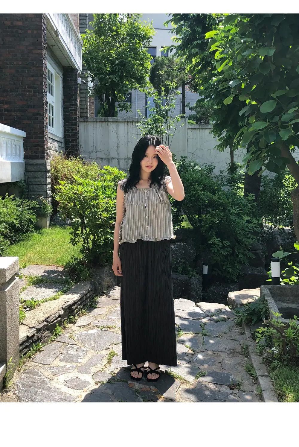 빈티지 스트라이프 오프숄더 러플 퍼프소매 셔츠 상세 이미지 8