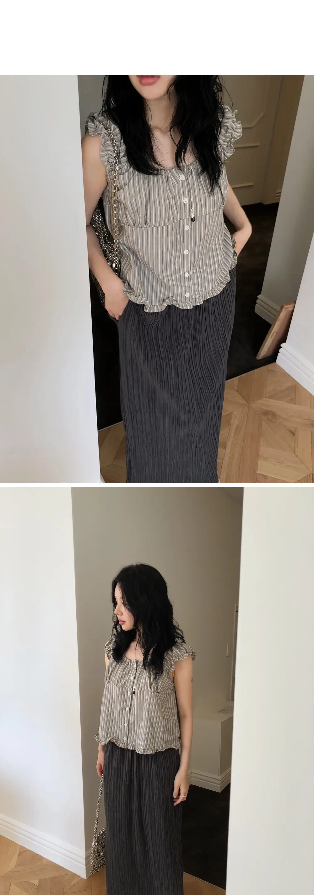 빈티지 스트라이프 오프숄더 러플 퍼프소매 셔츠 상세 이미지 12