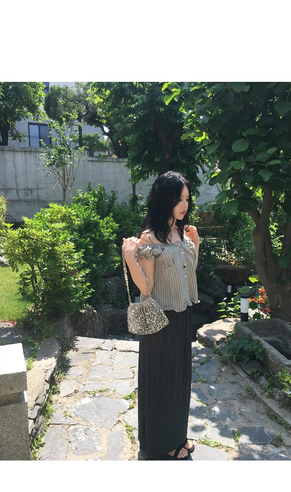 빈티지 스트라이프 오프숄더 러플 퍼프소매 셔츠 상세 이미지 15