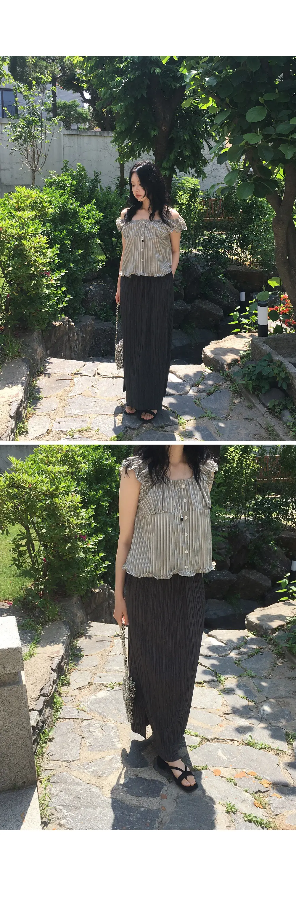 빈티지 스트라이프 오프숄더 러플 퍼프소매 셔츠 상세 이미지 20