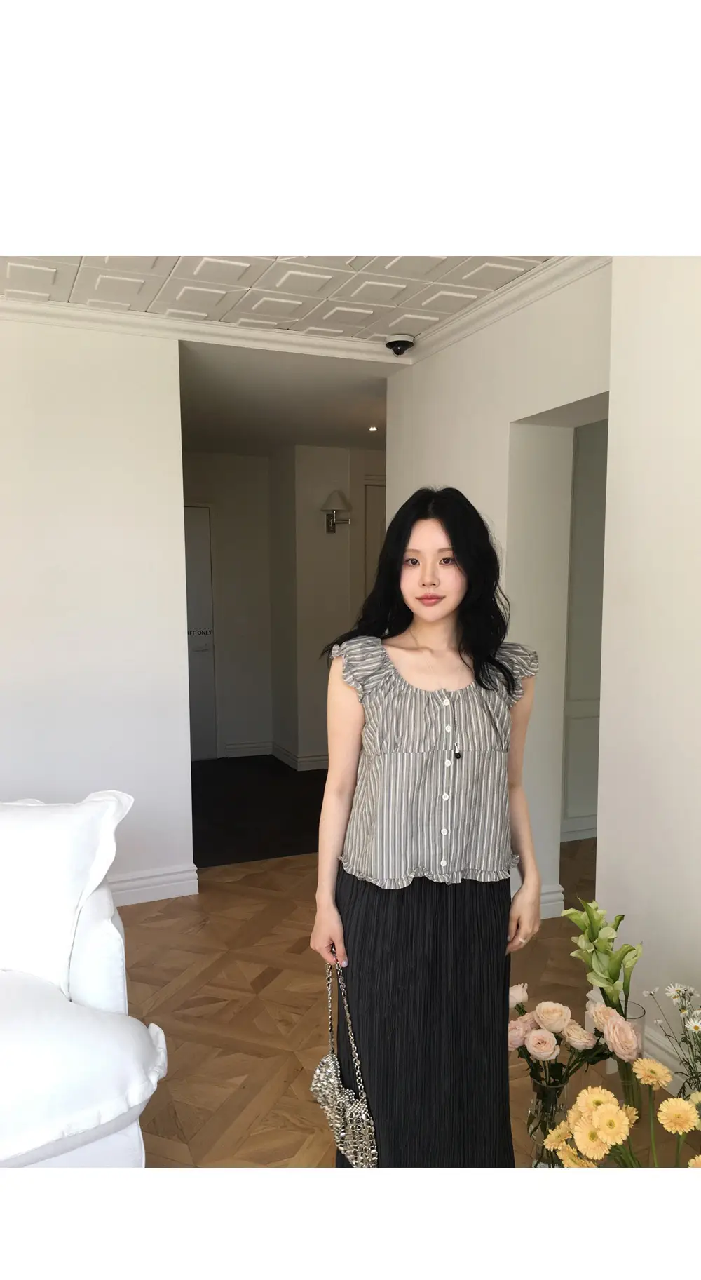 빈티지 스트라이프 오프숄더 러플 퍼프소매 셔츠 상세 이미지 21