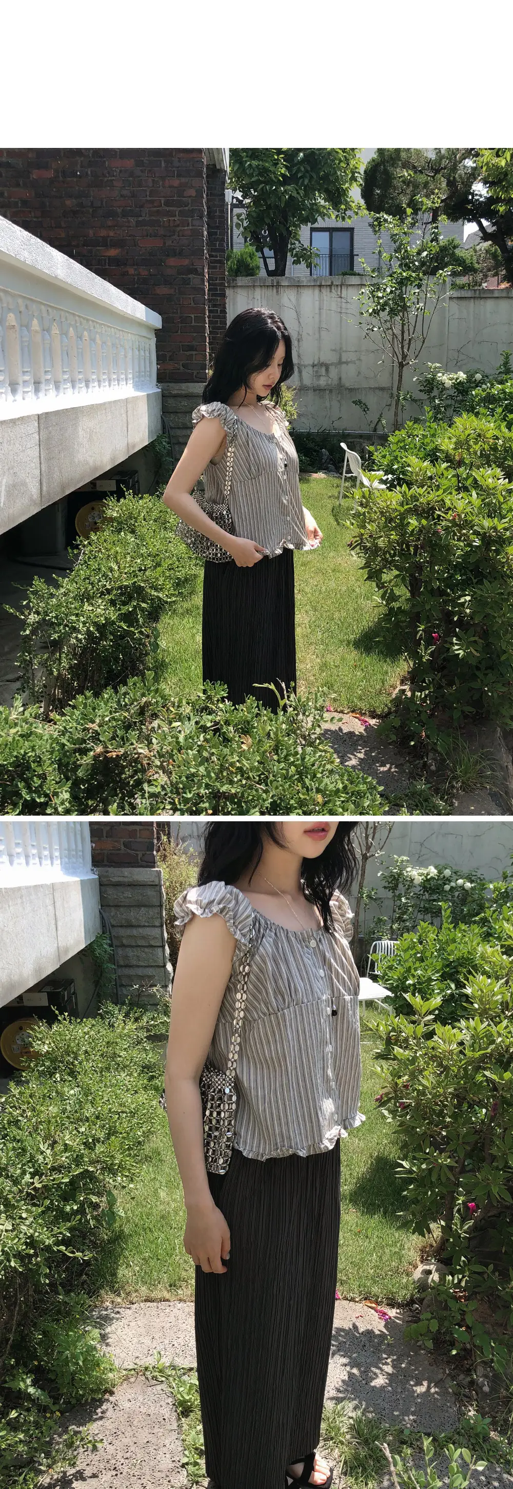 빈티지 스트라이프 오프숄더 러플 퍼프소매 셔츠 상세 이미지 23