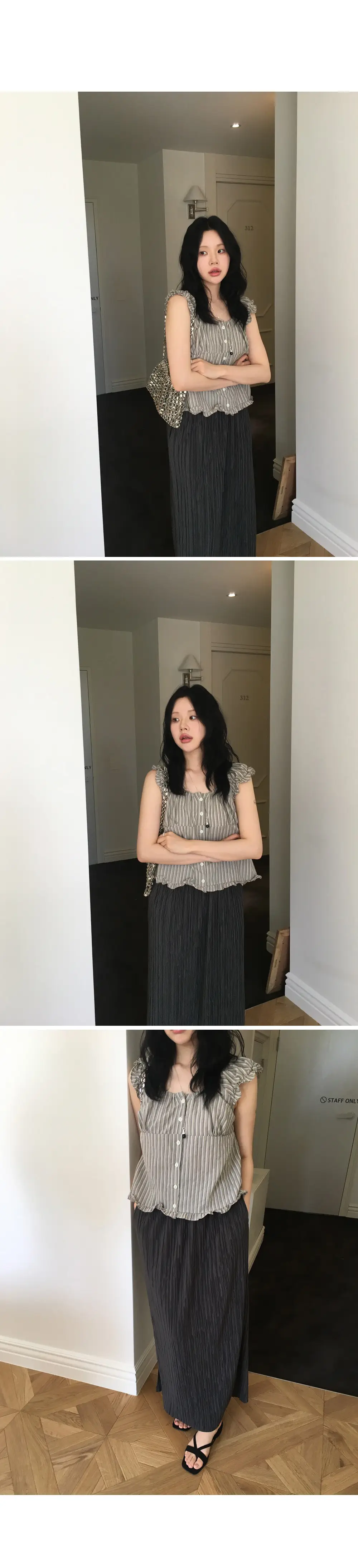 빈티지 스트라이프 오프숄더 러플 퍼프소매 셔츠 상세 이미지 25