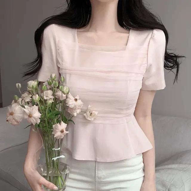프렌치 스타일 망사 매쉬 스퀘어넥 퍼프소매 블라우스 상세 이미지 8