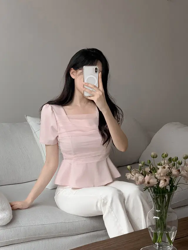 프렌치 스타일 망사 매쉬 스퀘어넥 퍼프소매 블라우스 상세 이미지 9