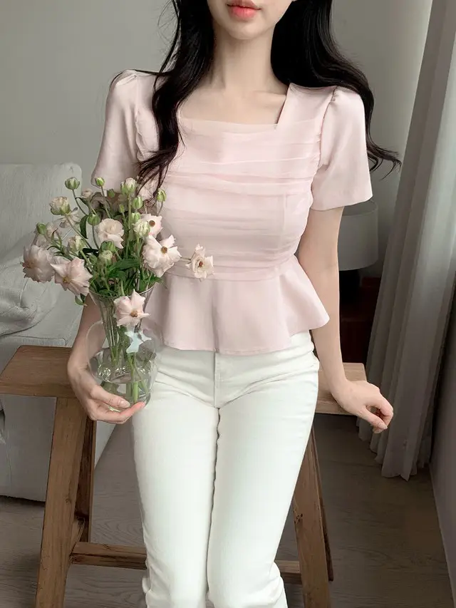 프렌치 스타일 망사 매쉬 스퀘어넥 퍼프소매 블라우스 상세 이미지 11