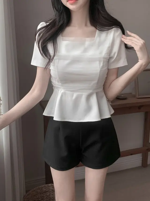 프렌치 스타일 망사 매쉬 스퀘어넥 퍼프소매 블라우스 상세 이미지 14