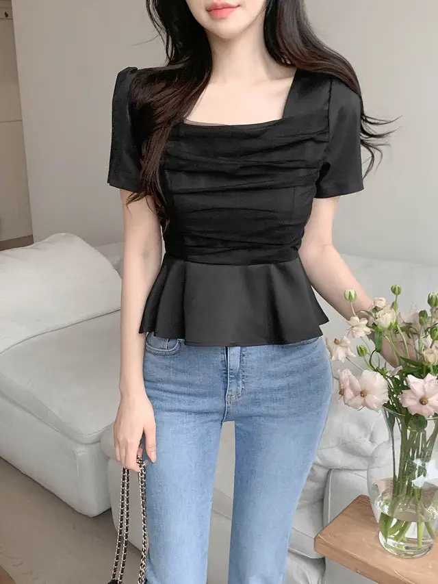 프렌치 스타일 망사 매쉬 스퀘어넥 퍼프소매 블라우스 상세 이미지 16