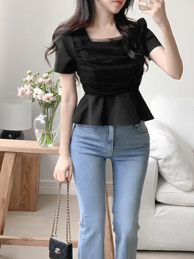 프렌치 스타일 망사 매쉬 스퀘어넥 퍼프소매 블라우스 상세 이미지 17