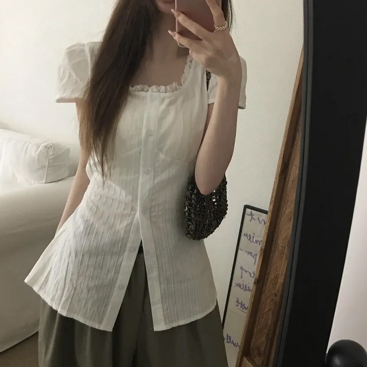 재고 있음 한국 chic 품격 미니멀리즘 광장 칼라 레이스업 허리 수축 셔츠