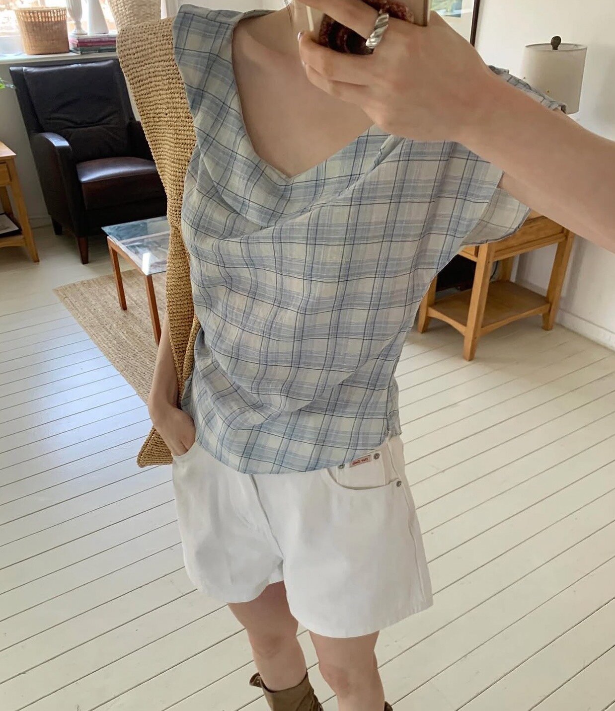 chic 여름 레트로 달콤함 체크무늬 얇은 스타일 프릴 반팔 셔츠