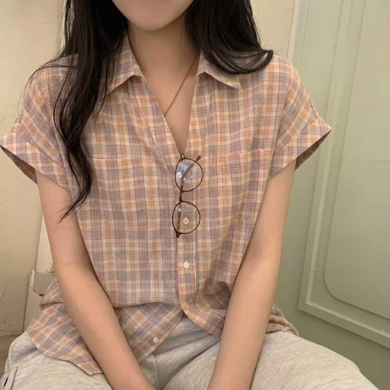 2026 여름 체크무늬 반팔 여성 셔츠 다용도 단추 POLO 칼라 맨위
