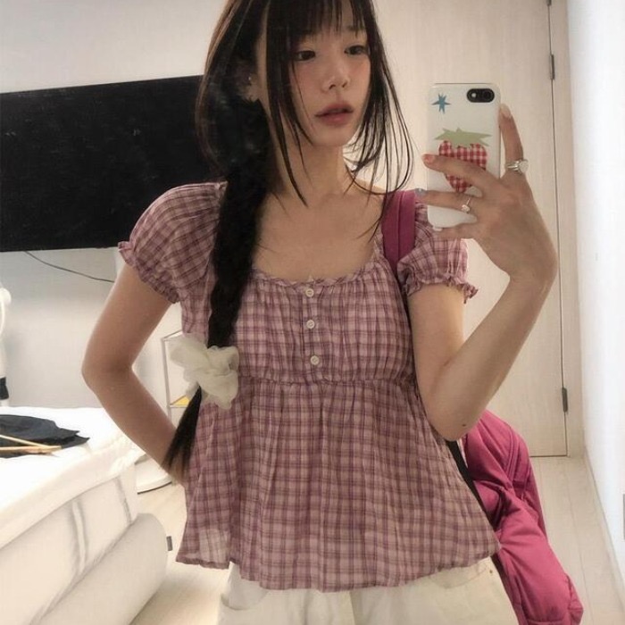 재고 있음 chic 잘 행동 한 바람 체크무늬 대 라운드 넥 거품 소매 여성 셔츠