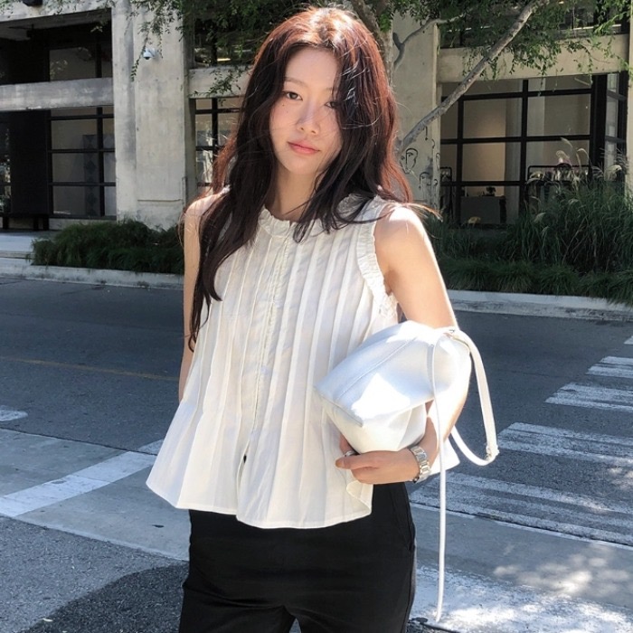 있음 선적 셔츠 화이트 레이스 민소매 작은 셔츠 레트로 플리츠 셔츠