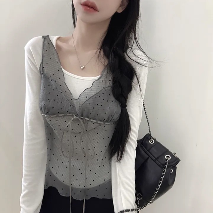 있음 밖으로 동대문 패션 패치워크 디자인 섹션 도트 무늬 망사 스트랩 조끼