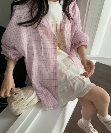 재고 있음 26 여름 새로운 느긋한 다용도 후드 체크무늬 자외선 차단 셔츠