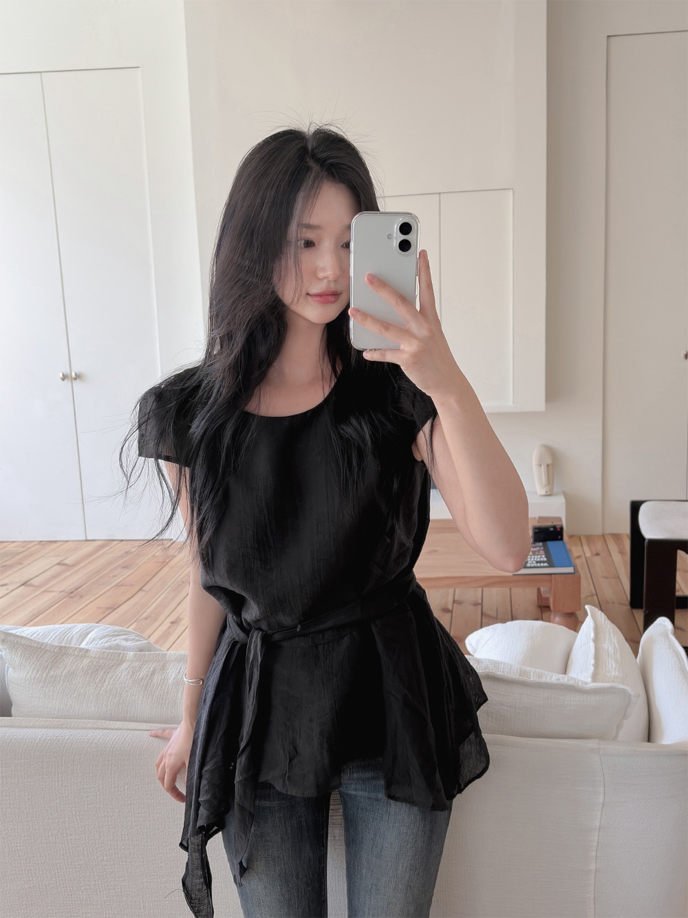 있음 선적 한국 chic 불규칙 반팔 라운드 넥 셔츠