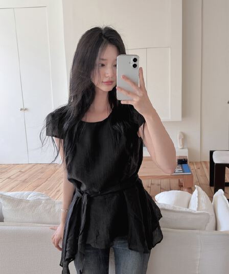 있음 선적 한국 chic 불규칙 반팔 라운드 넥 셔츠
